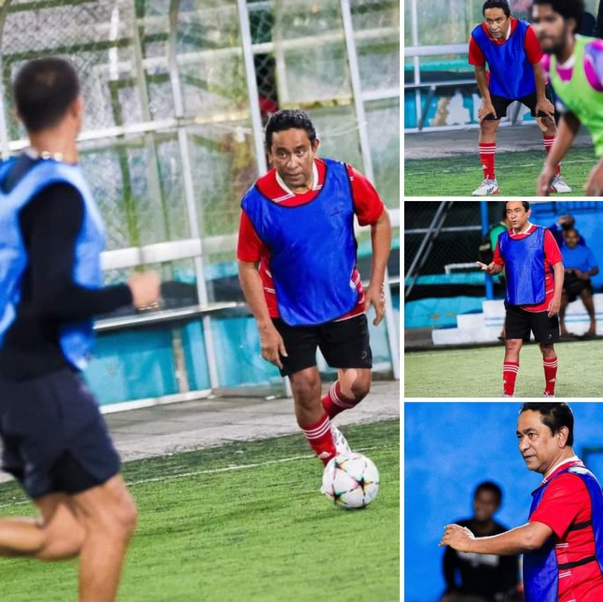 Former President Abdullah YameenAbdul Qayyum plays football in the Male city